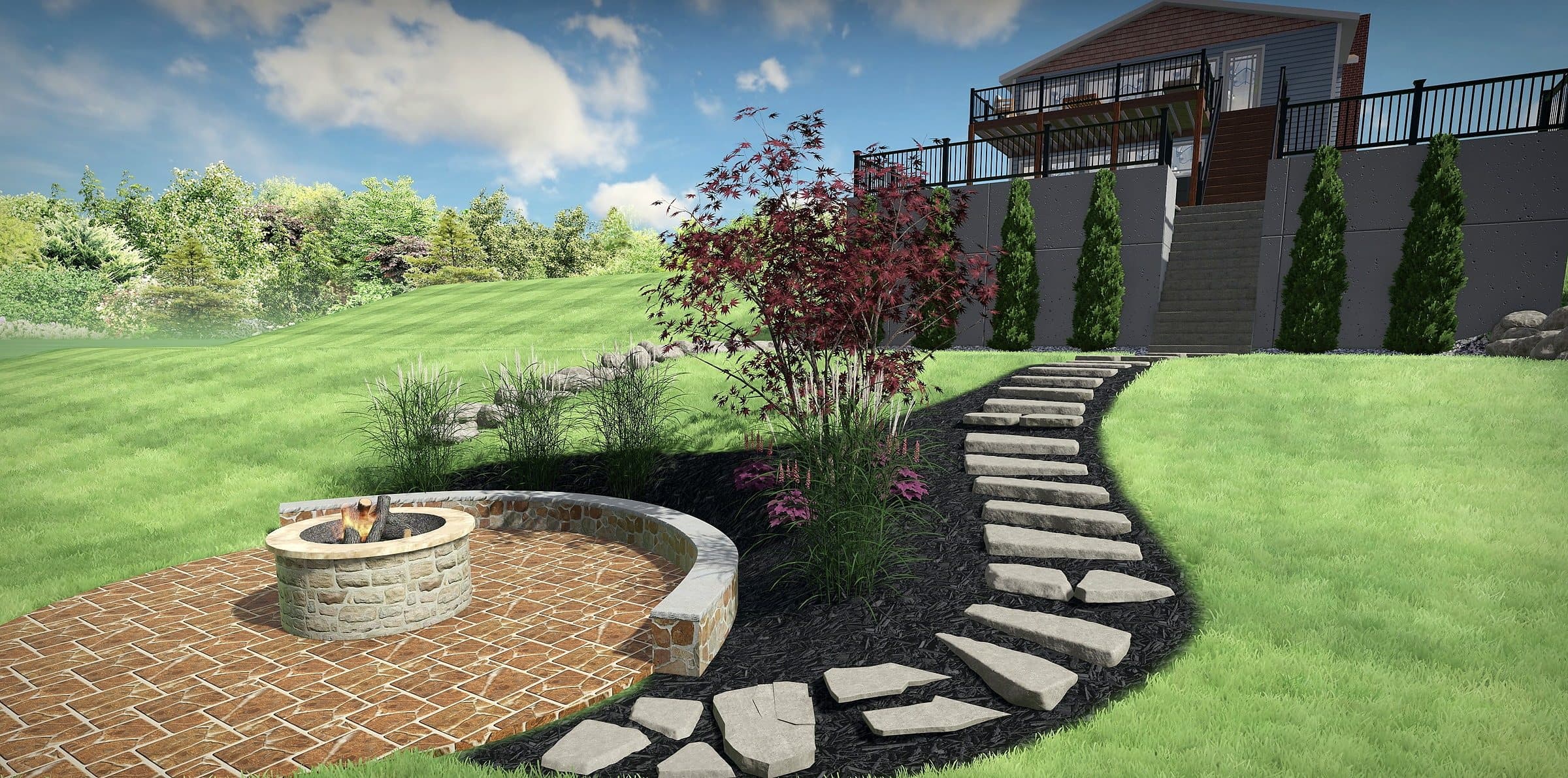 Backyard landscape, hardscape, and fire-pit design